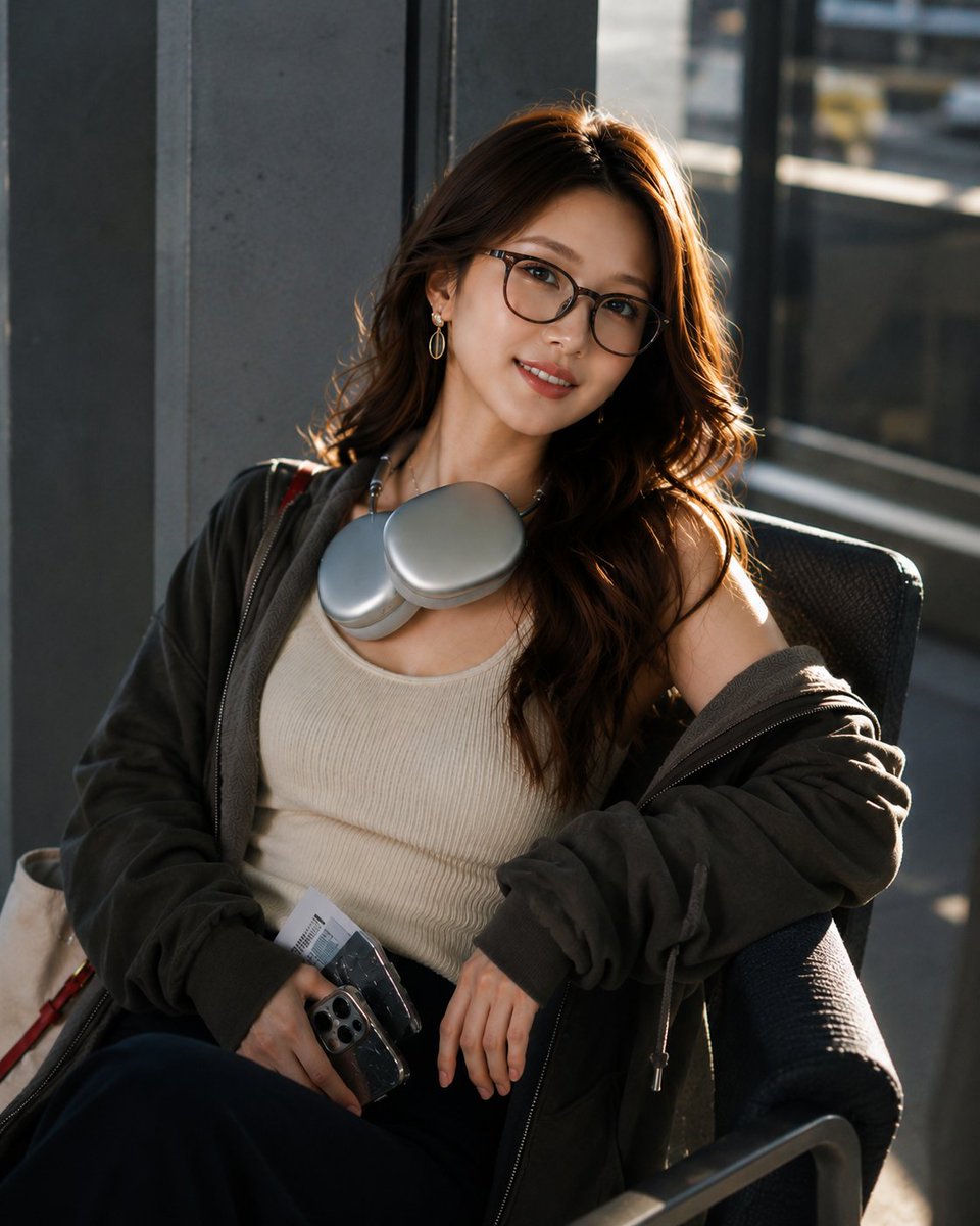 超写实时尚人像摄影:一位美丽的年轻东亚女性,站在现代机场航站楼的水泥柱旁。长长的波浪状深棕色头发,肌肤无瑕散发光泽,妆容自然,佩戴优雅的金色水…, 图片 1