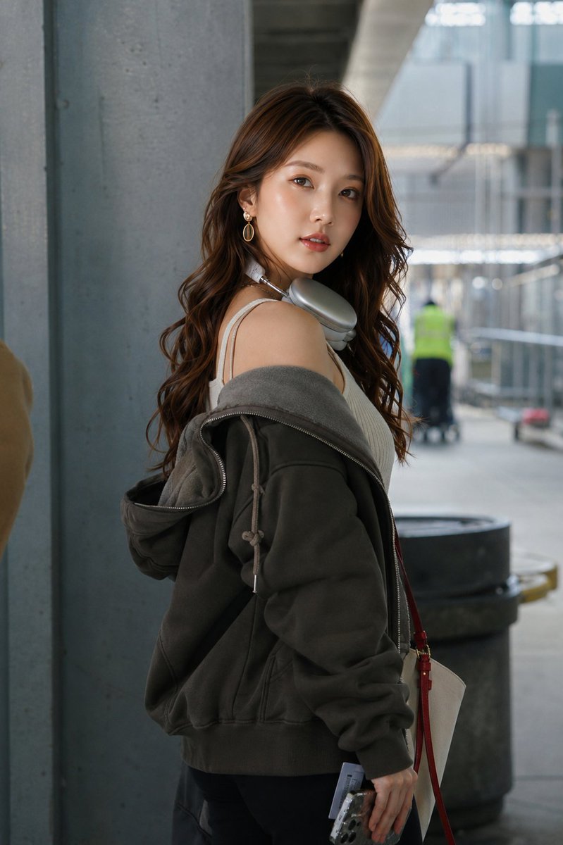 超写实时尚人像摄影:一位美丽的年轻东亚女性,站在现代机场航站楼的水泥柱旁。长长的波浪状深棕色头发,肌肤无瑕散发光泽,妆容自然,佩戴优雅的金色水…, 图片 2