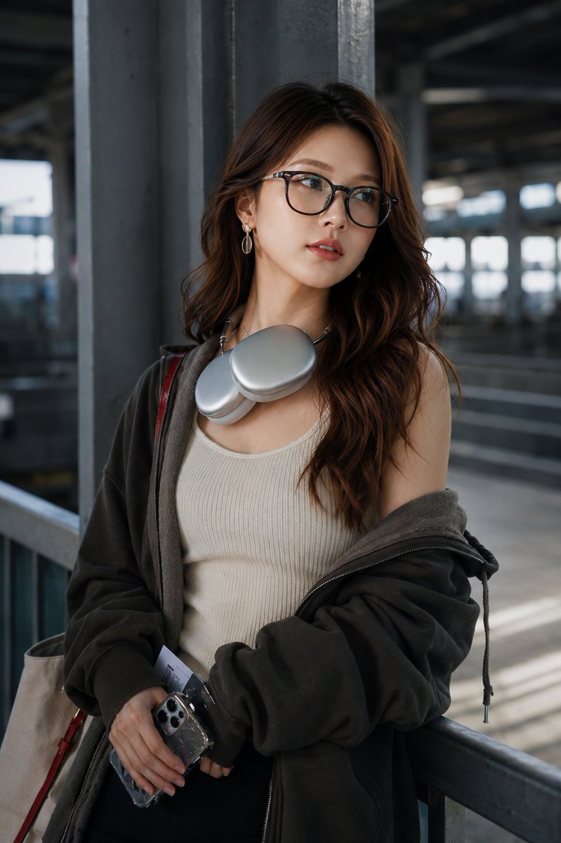 超写实时尚人像摄影:一位美丽的年轻东亚女性,站在现代机场航站楼的水泥柱旁。长长的波浪状深棕色头发,肌肤无瑕散发光泽,妆容自然,佩戴优雅的金色水…, 图片 3