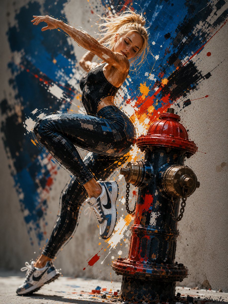 一幅极度细致、极繁主义的抽象表现主义油画,描绘了 M4rgaux_00 作为一位力量感十足的运动员形象,在戏剧性的方向性光线中跃过一片混乱的城…, 图片 2