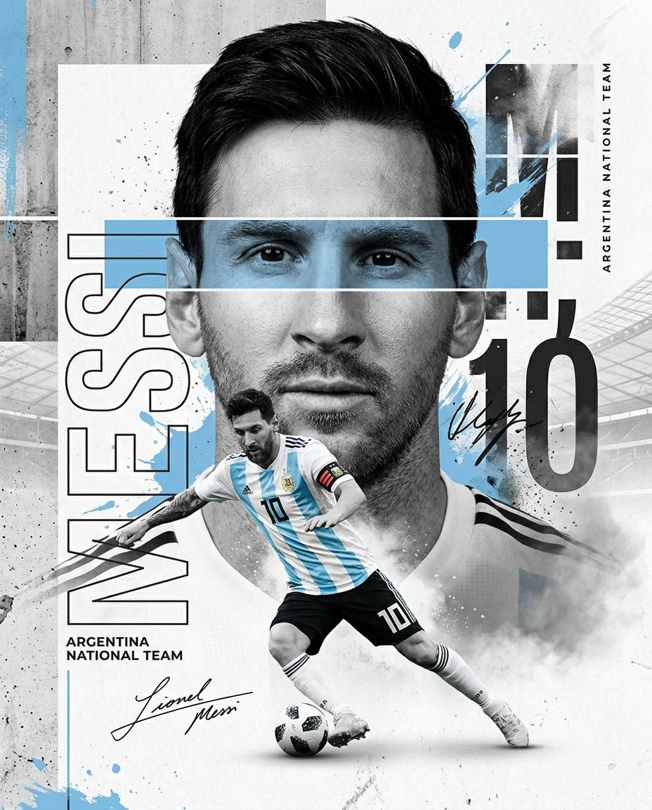 创作一张高端体育海报,采用 Nike × FIFA世界杯编辑级广告大片风格。以一位传奇足球运动员作为主角,采用充满力量感的全身动态动作姿势,叠…, 图片 2