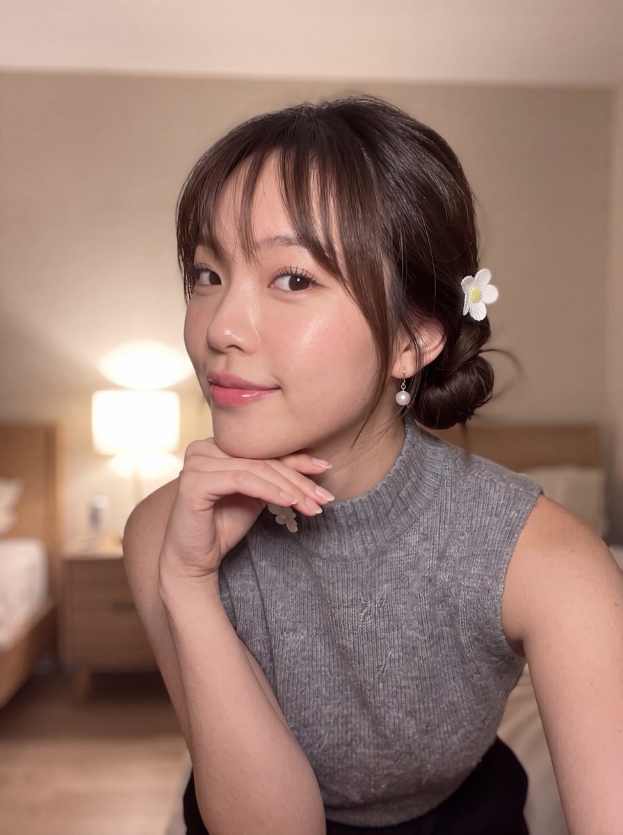 超写实智能手机自拍:一位美丽的年轻东亚女性,拥有白皙透亮的瓷器肌肤,随意低垂的发髻,稀疏的刘海,戴着一枚小巧的白色花朵发夹。她佩戴珍珠吊坠耳环…, 图片 1