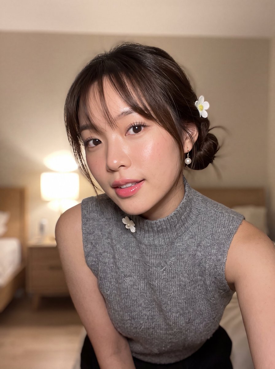 超写实智能手机自拍:一位美丽的年轻东亚女性,拥有白皙透亮的瓷器肌肤,随意低垂的发髻,稀疏的刘海,戴着一枚小巧的白色花朵发夹。她佩戴珍珠吊坠耳环…, 图片 2