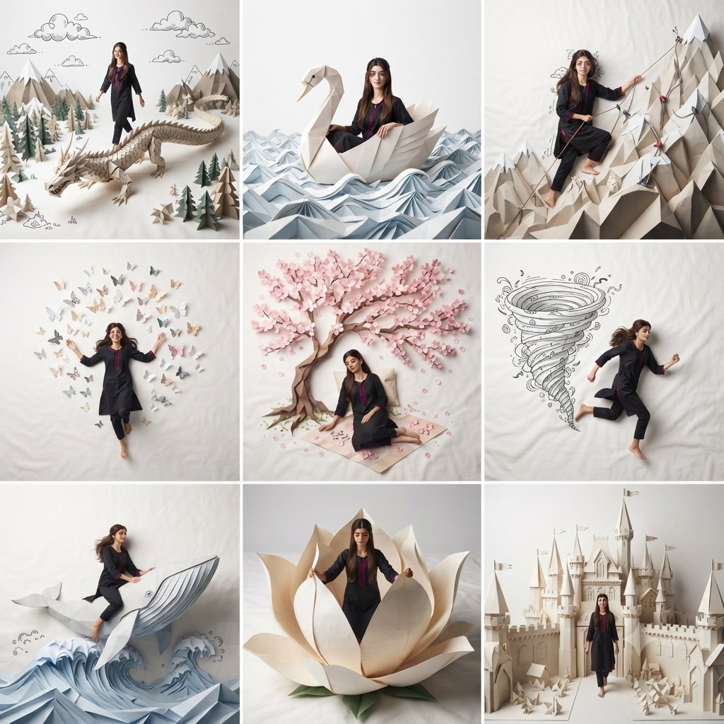 一个专业的 3x3 拼贴画,画面中是同一张上传参考图中的美丽女性,保持完全一致的面部特征、发型、眼镜以及真实的比例。, 图片 1