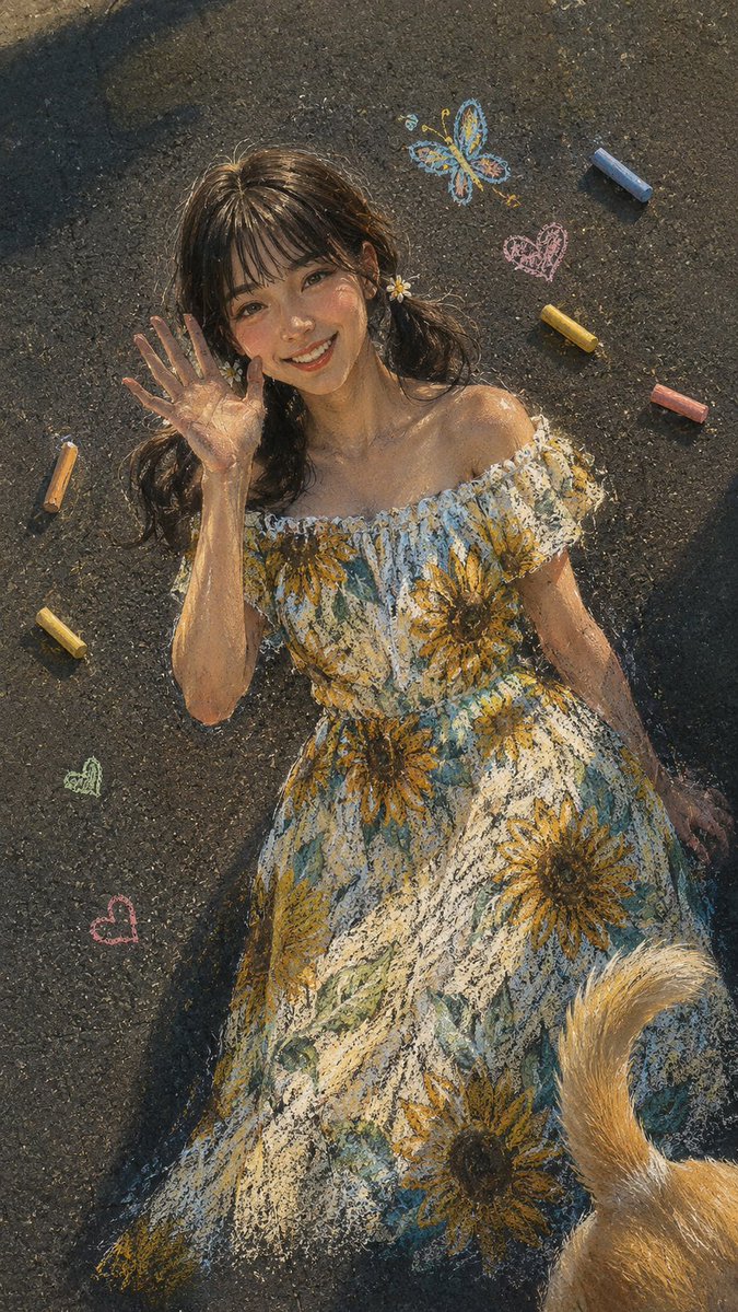 一幅惊艳的超写实粉笔艺术杰作，画在质感粗糙的深色沥青街道表面上，以高角度镜头拍摄。同一位美丽的年轻东亚女性，留着整洁时尚的刘海，被画成欢快挥手…, 图片 1