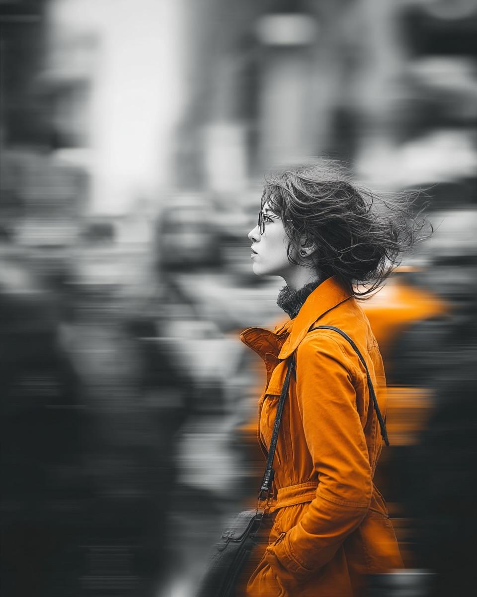 一位年轻女性穿过熙攘的城市人群的街头电影感人像,采用追拍手法拍摄。主体保持极度清晰锐利,而周围的行人则化为柔和的横向动态模糊,营造出强烈的运动…, 图片 2