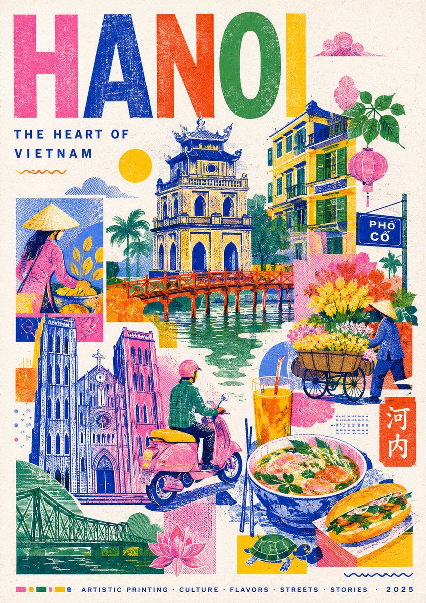 创作一幅以孔版印刷(Risograph)为灵感的时尚现代旅行海报,主题为{DESTINATION_NAME}。使用简化的插画图像来表现目的地最…, 图片 1