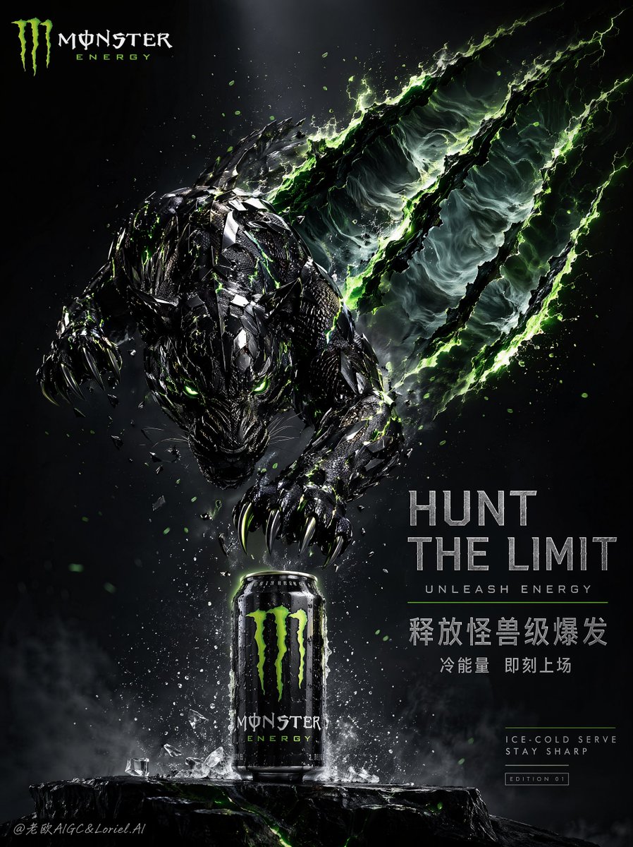 为 Monster Energy 饮料创作一张“高端原创品牌KV海报”，竖版 4:5，必须与前两组完全不同形式。本次以“野兽本体动作”作为绝对…, 图片 1