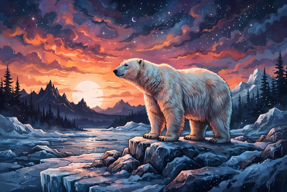 一幅插画:一只威严的北极熊站立在岩石与冰雪交错的地形上,落日余晖为它洁白的毛发染上蓝色与黄色的色调。背景是一片戏剧化的天空,橙色、粉色与深蓝色…, 图片 1