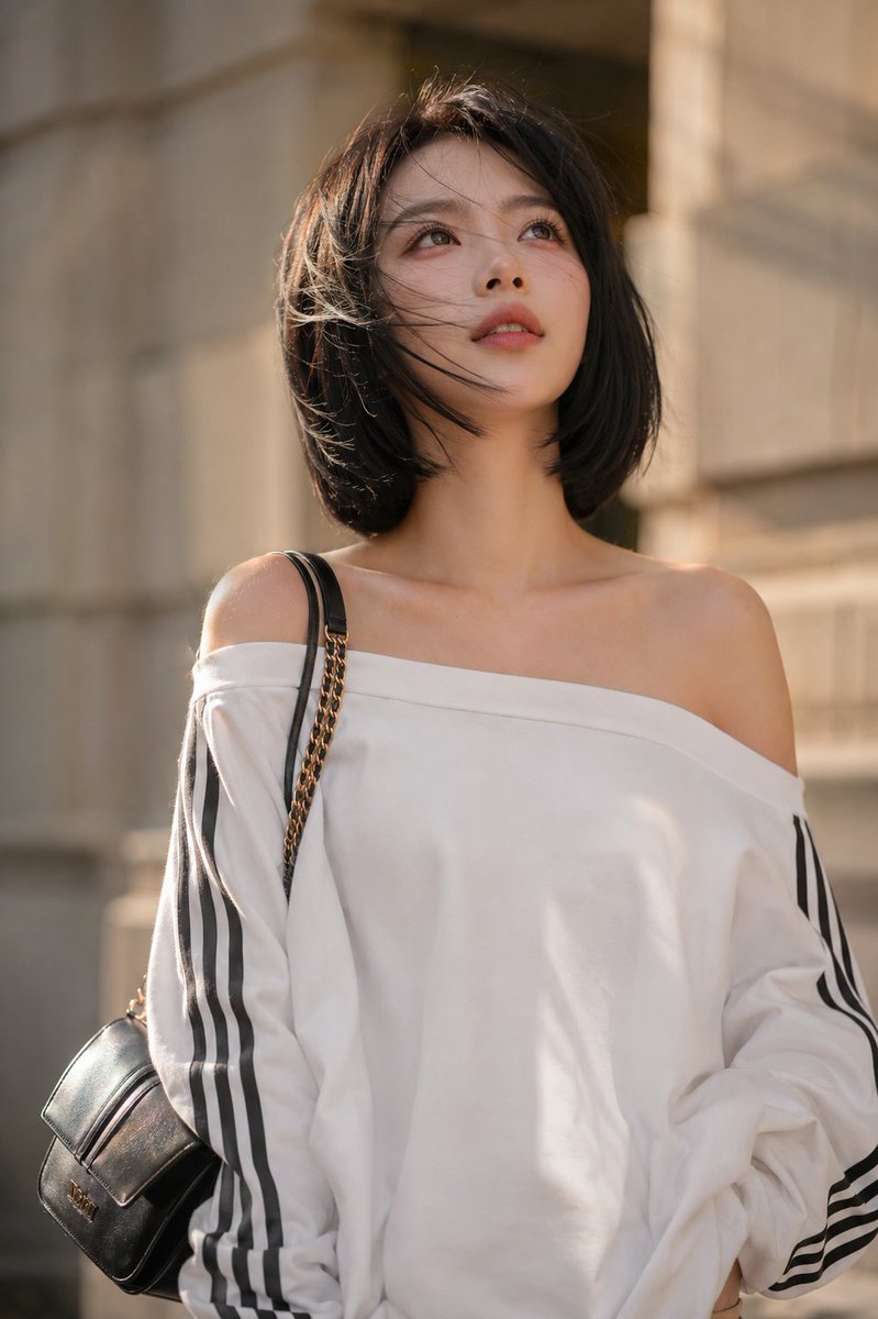 电影感人像肖像:一位年轻女性,留着利落的黑色齐下巴波波头发型,拥有无瑕的瓷白肌肤,柔和自然的高级感妆容配以玫瑰色腮红和光泽唇彩。她神情梦幻而沉…, 图片 4