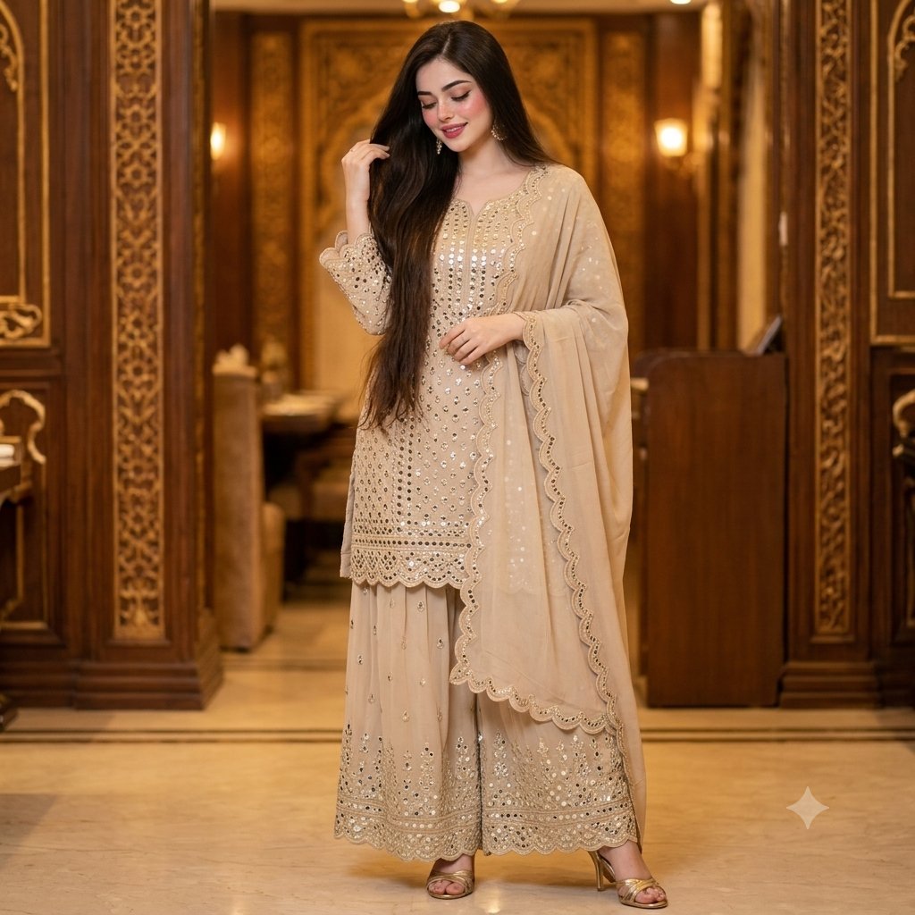 Create A beautiful woman with hips touching brown hair, wearing a Zeelfashion b…