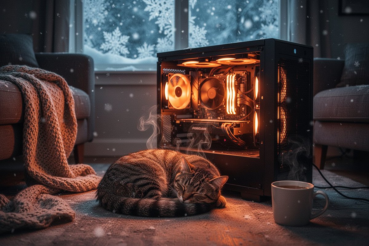 “一张温馨的电影感照片，拍摄于飘雪的冬夜，昏暗的客厅里没有壁炉，取而代之的是一台打开侧板的PC主机机箱，在显卡所在的位置散发着温暖的橙色光芒，…, 图片 1