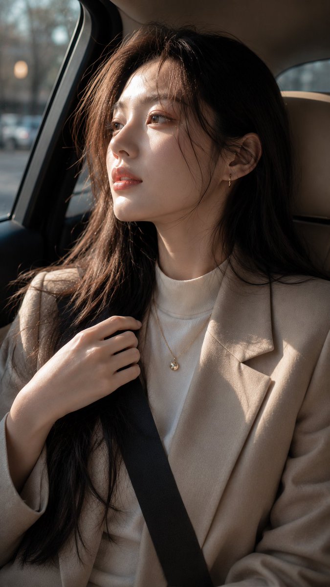 一张超写实的美女人像摄影作品，镜头中的美丽年轻韩国女性坐在豪华轿车的副驾驶座上，整体呈现柔和的编辑级时尚摄影风格。温暖的午后阳光透过侧窗斜斜地…, 图片 1