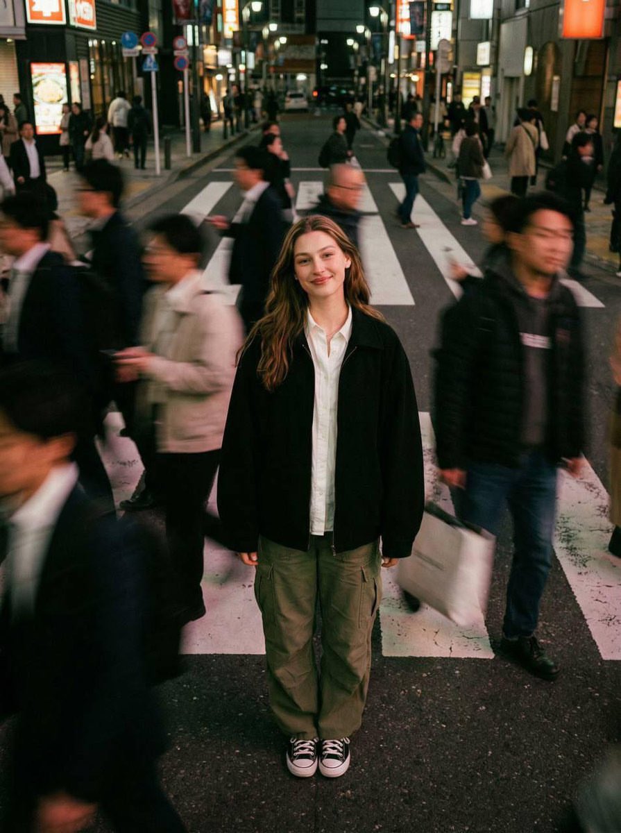 超写实电影感街头人像:一位年轻人夜晚站在繁忙人行横道正中央,纹丝不动地对镜头微微微笑,四周是长曝光产生的运动模糊快速流动人群。日本都市氛围,霓…, 图片 1