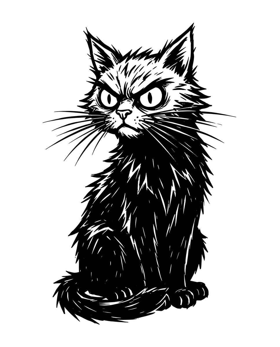一幅黑白插画，画的是一只黑猫，表情风格化，带有些许凶狠。这只猫坐姿端正，身体微微朝左，尾巴卷曲在它前爪周围。它的毛发用锯齿状的锐利线条表现，看…, 图片 1