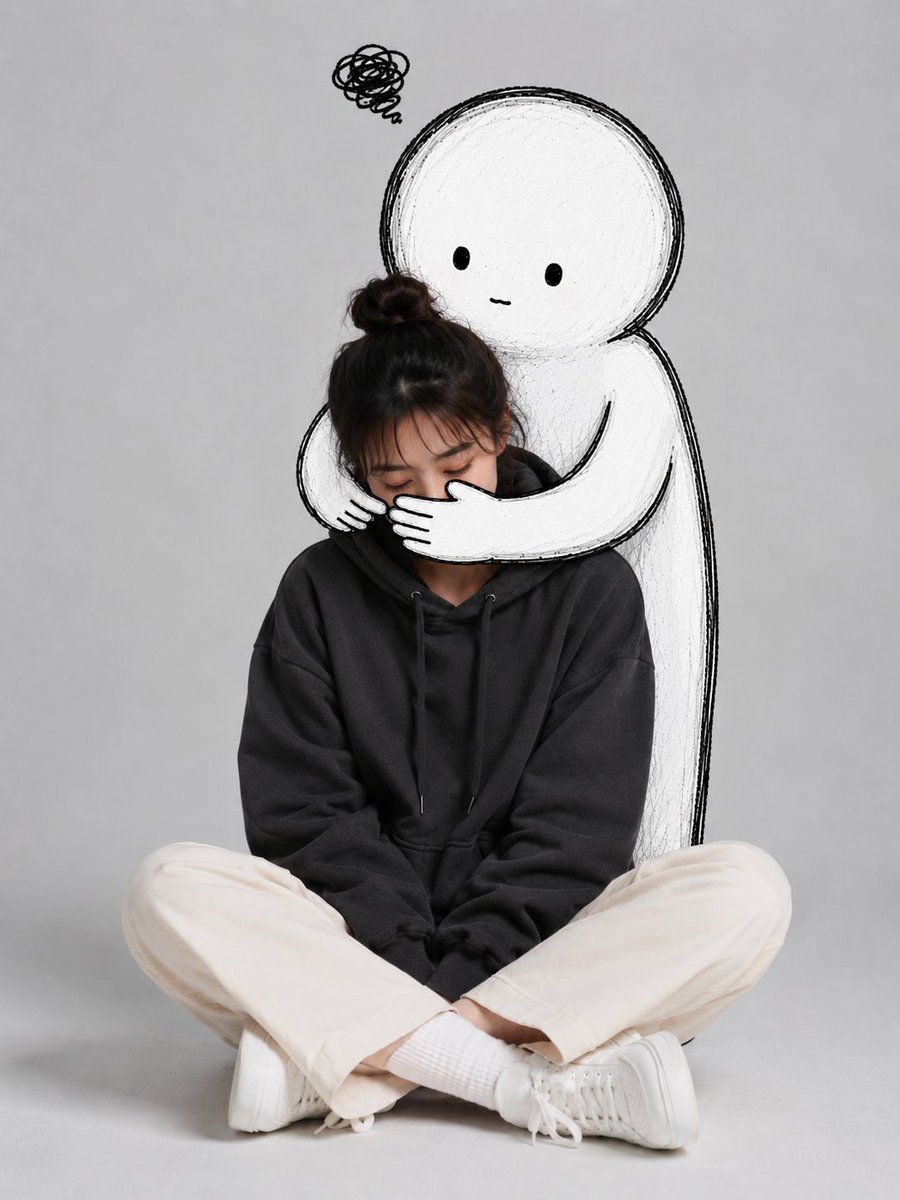 一幅可爱的极简风格人像照,拍摄一位年轻女性随意地盘腿坐在一个干净的工作室场景中,背景为浅灰色。她身穿一件超大号深炭灰色连帽衫、米色直筒长裤、白…, 图片 4