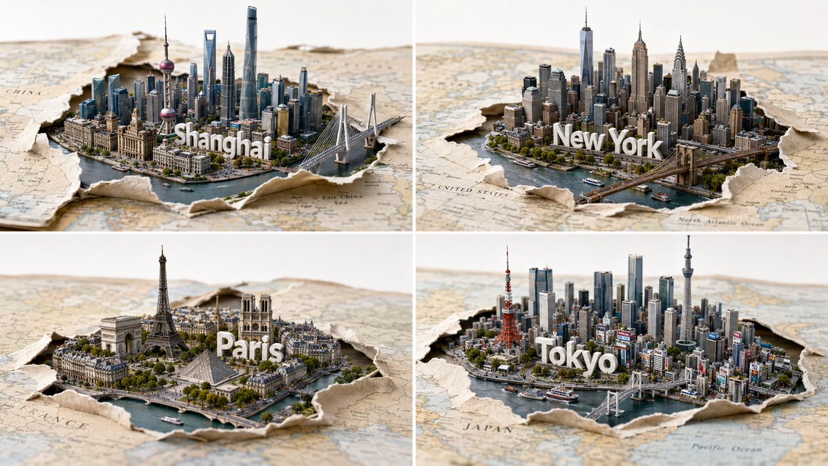2x2 网格,16:9,4 个著名城市 A = { 纸质地图层:卷曲边缘、撕裂区域、纤维、分层纸材 } B = { 城市群:$LANDMARK…, 图片 1