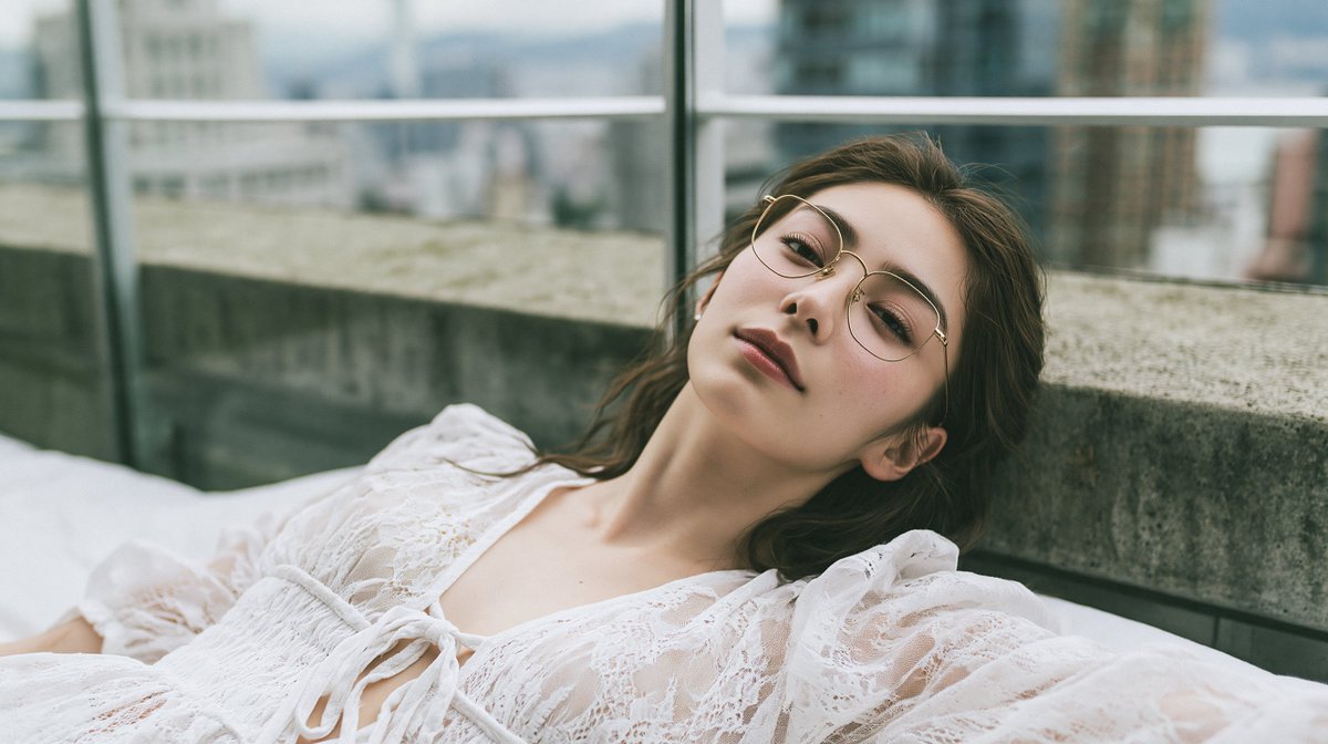 一位惊艳的二十多岁日本或韩国女性，戴着金色金属细框眼镜，身穿白色蕾丝泡泡袖系带领口衬衫，以自然躺卧的姿势斜靠在床沿；头部转向镜头，位于高楼屋顶…, 图片 2