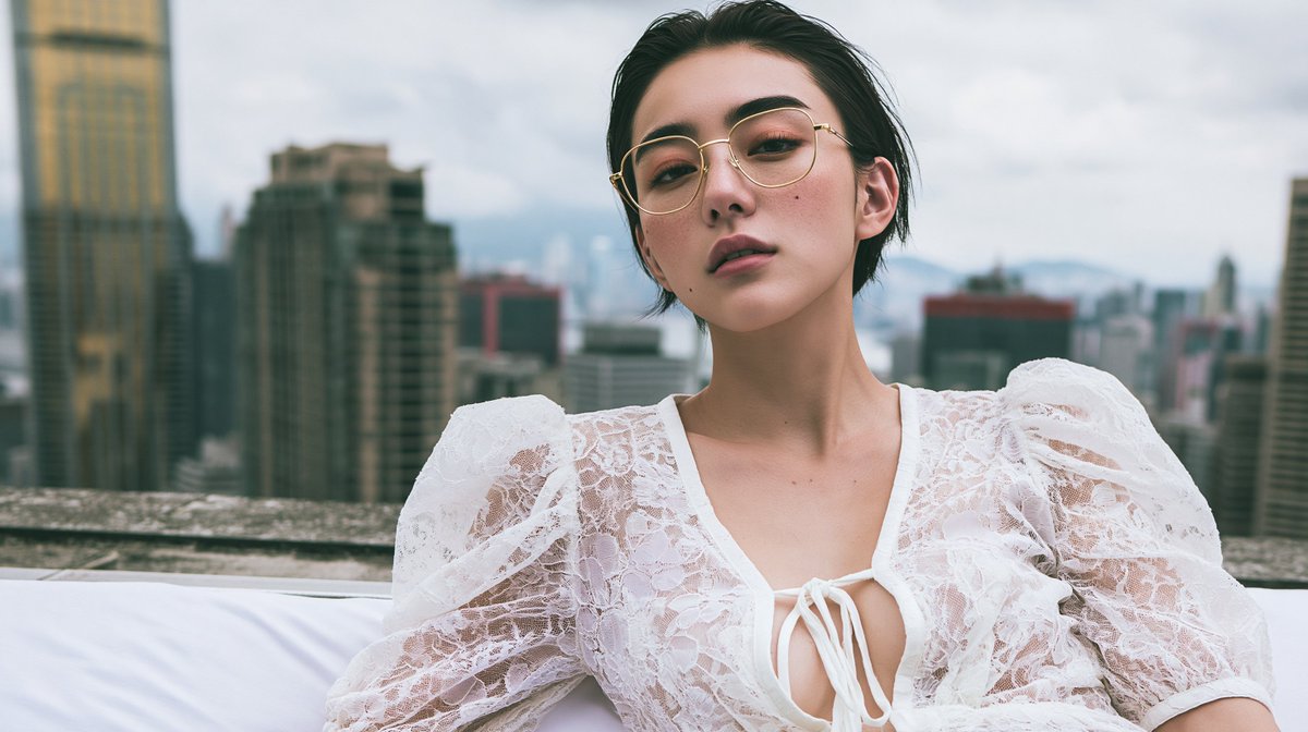 一位惊艳的二十多岁日本或韩国女性，戴着金色金属细框眼镜，身穿白色蕾丝泡泡袖系带领口衬衫，以自然躺卧的姿势斜靠在床沿；头部转向镜头，位于高楼屋顶…, 图片 3