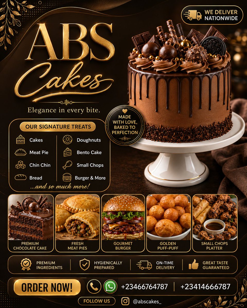 为 ABS Cakes 创作一张高端、超写实的 4:5 烘焙店广告海报，采用奢华现代的品牌风格。不要包含任何人体模特或肖像。使用优雅的深巧克力…, 图片 1