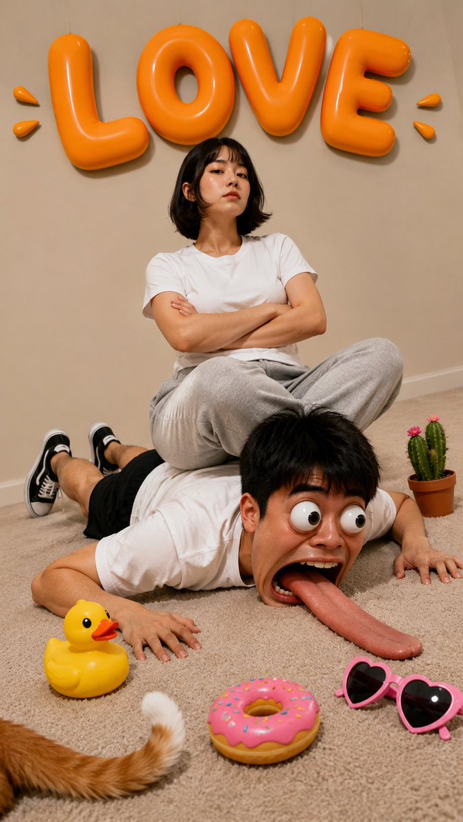 一张完全荒诞、幽默、超现实的摄影作品，将写实摄影与卡通风格的3D特效混合在一起。一位年轻的东亚男性俯卧在米色地毯上，穿着白色T恤、黑色短裤和黑…, 图片 1