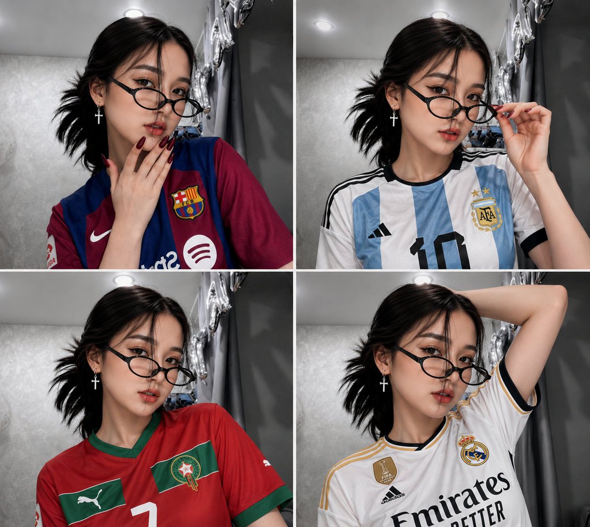 超写实 4 面板拼贴画，同一位美丽年轻女性（在 REFRANCE IMAGE 中给定面部）在室内对着镜子自拍。黑色中长头发扎成凌乱的低马尾，蓬…, 图片 1