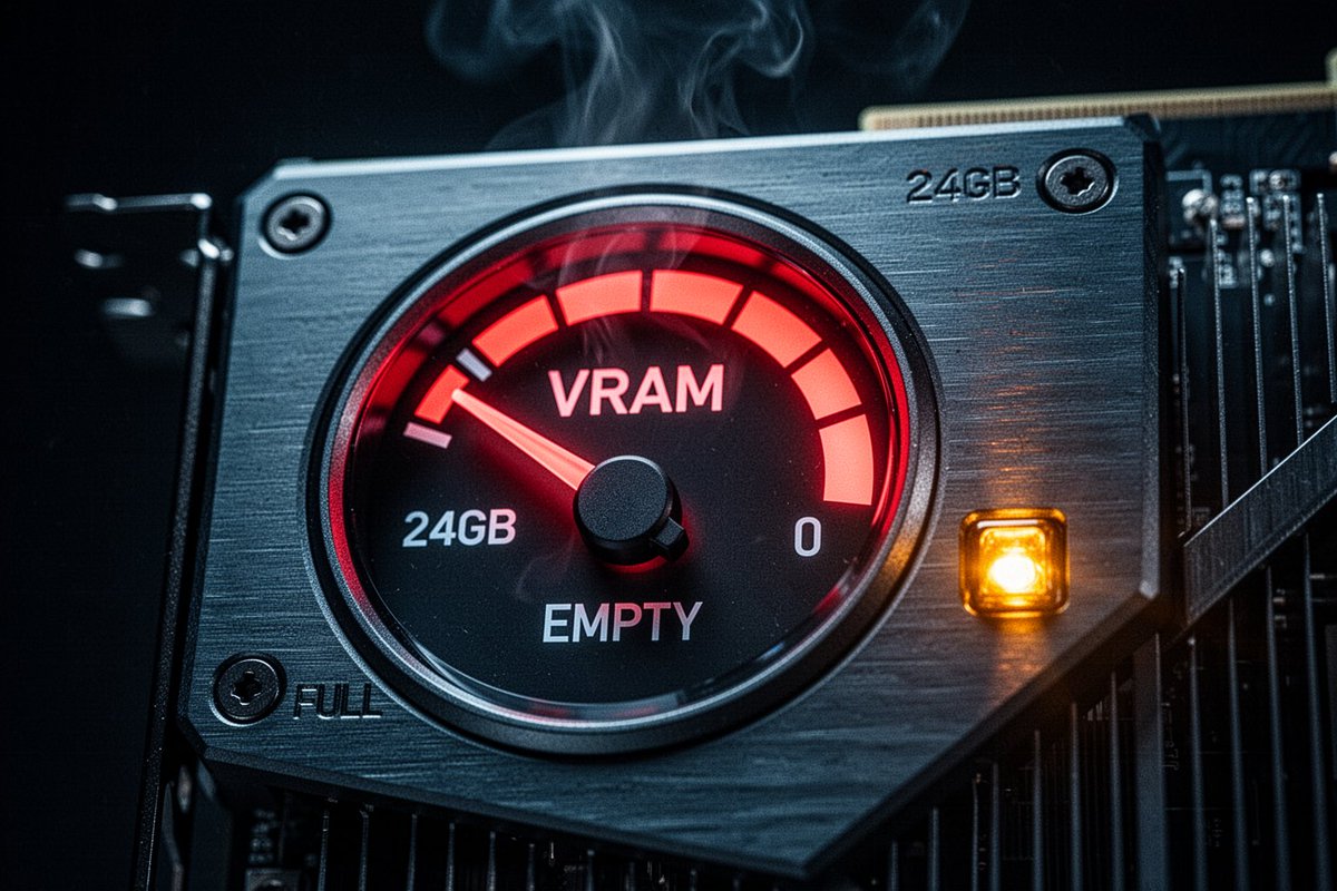 汽车风格燃油表的微距特写,表盘显示“VRAM”,指针越过EMPTY(空)卡在发光的红色区域中,嵌在显卡背板上,琥珀色警示灯,隐约的热浪扭曲,冷…, 图片 1