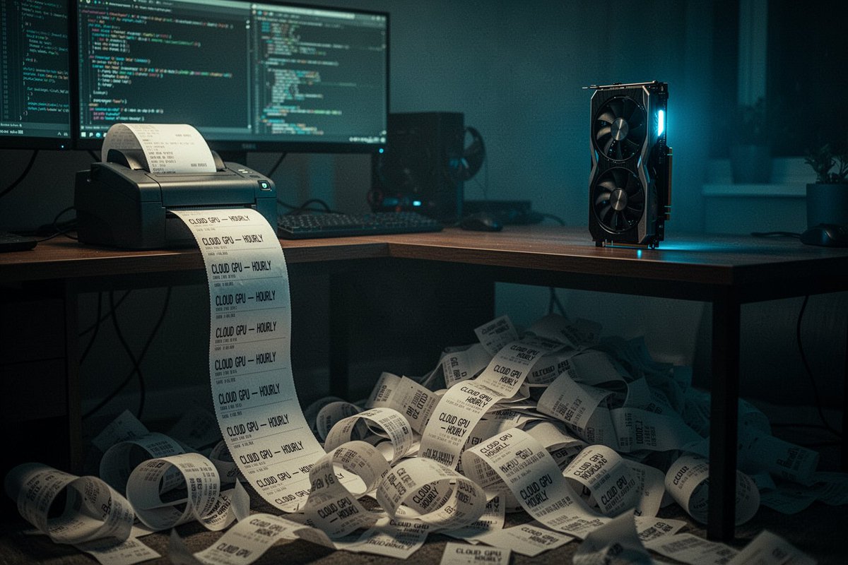 夜晚昏暗的家庭办公室,一台收据打印机不断吐出一张没完没了的收据,从桌面垂落下来,在地板上卷成一堆堆纸卷,每一行都写着"CLOUD GPU — …, 图片 1