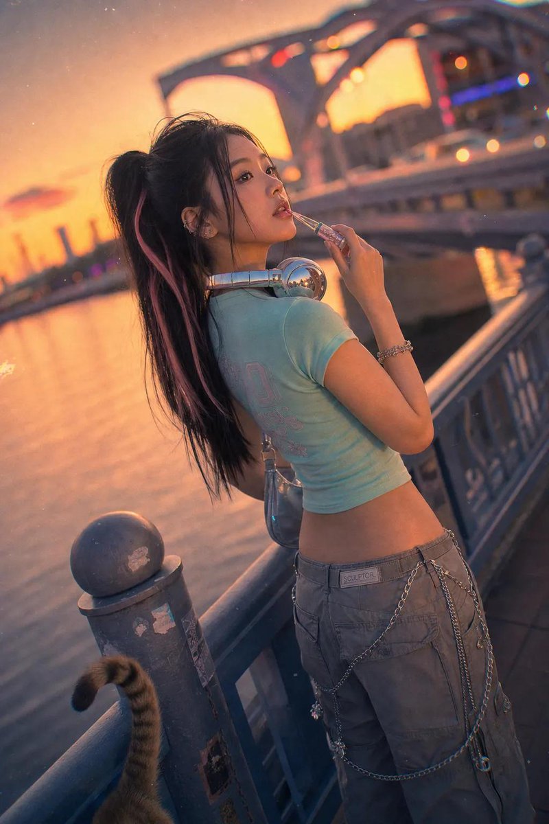 一部电影感、高品质的人像摄影作品,使用 Canon EOS R5 搭配 RF 85mm f/1.2L 镜头拍摄。一位时尚年轻的东亚女性在黄金时…, 图片 1