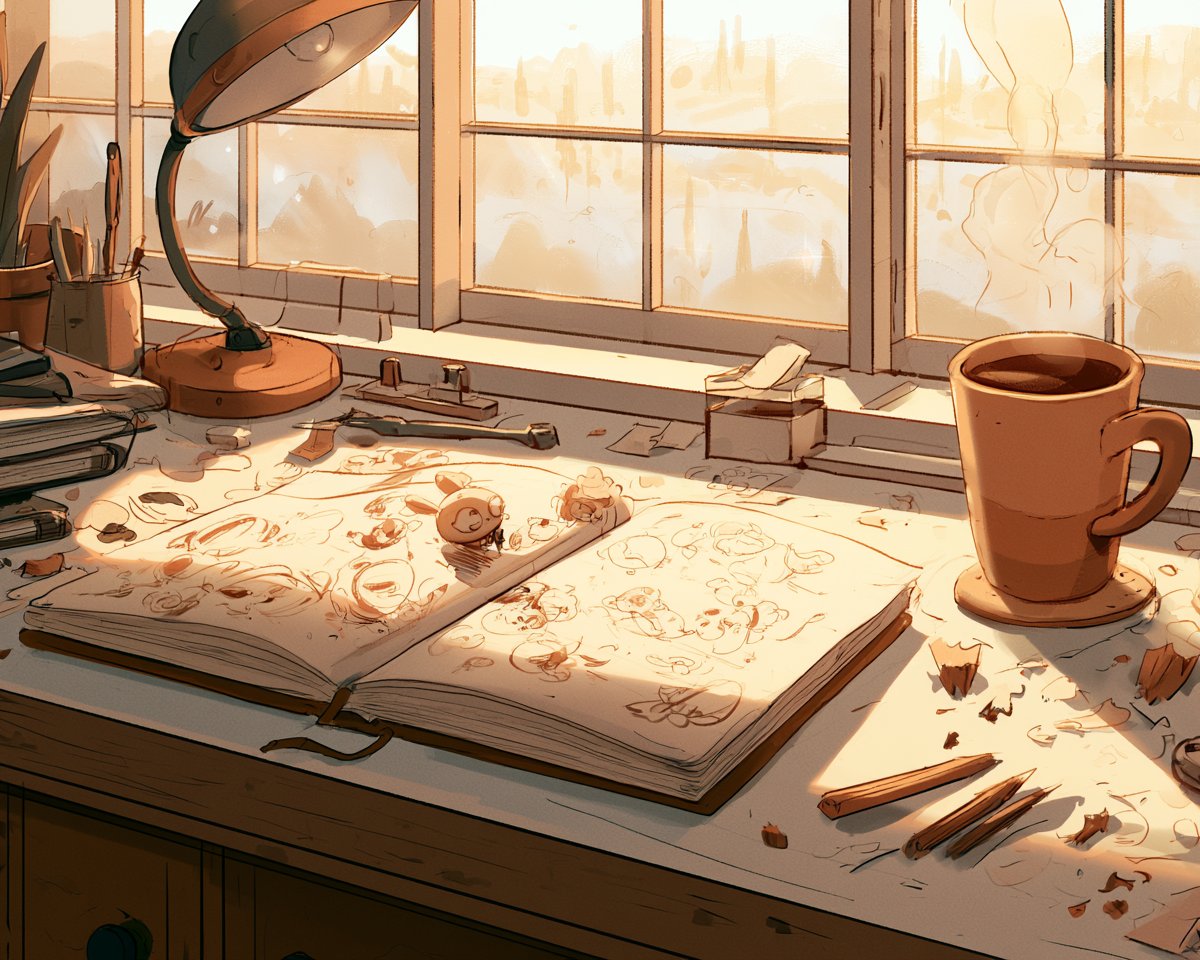日出时分舒适的插画师书桌,翻开的素描本,小小的墨水角色从未完成的涂鸦中爬出来,咖啡杯,铅笔屑,温暖的窗边光线,简洁的卡通插画,简约的形状,柔和…, 图片 1