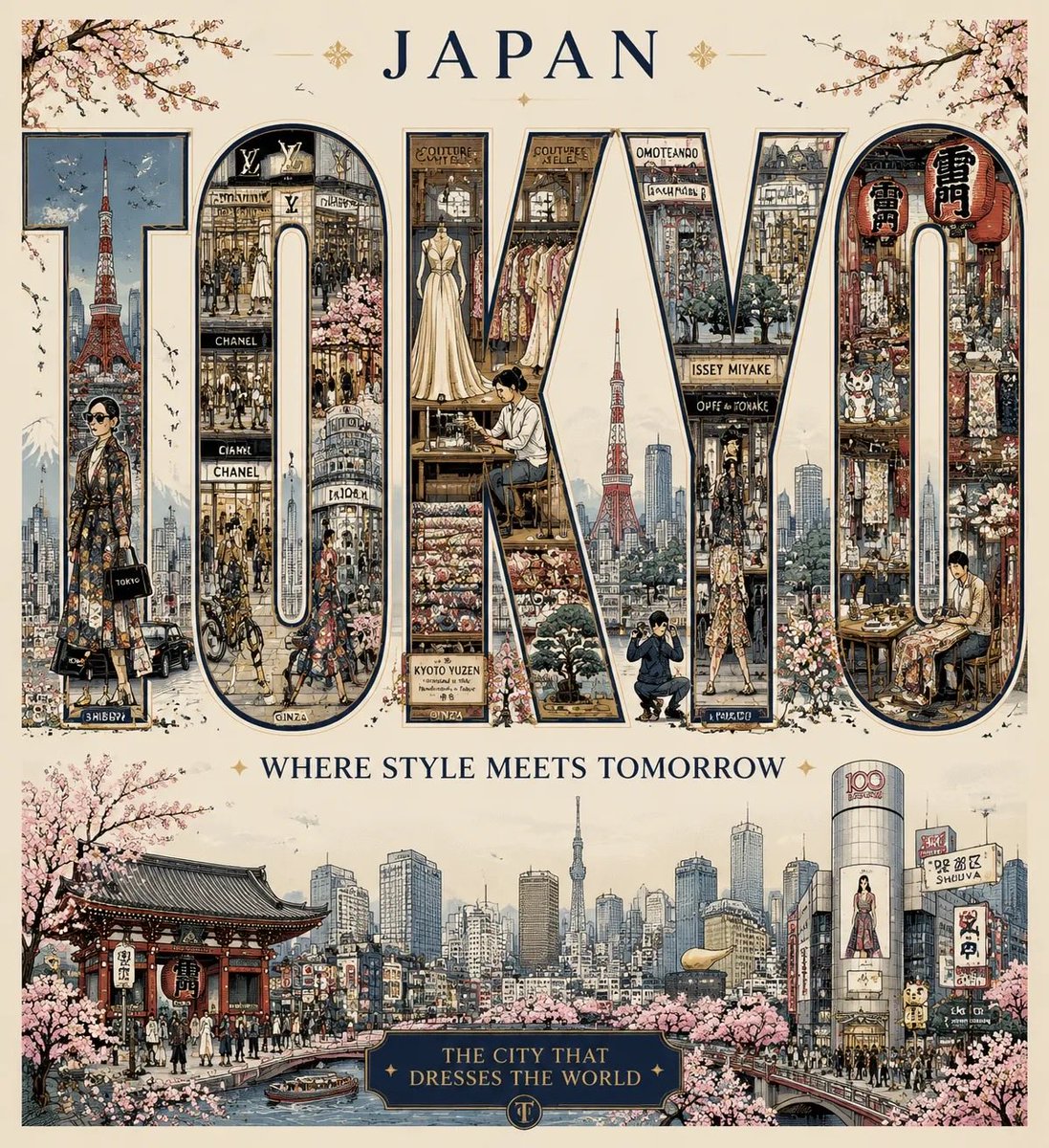 创作一张高度精细的奢华社论旅行海报,灵感源自《Vogue》、路易威登城市指南、爱马仕插画和官方纪念城市海报。, 图片 3