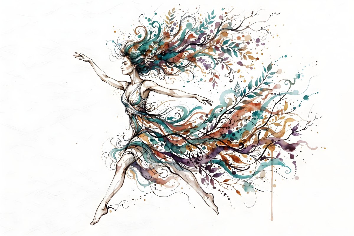 一幅水彩与水墨插画描绘了一位处于动态中的女性，她的躯体以细腻、流畅的线条勾勒而成。她的发丝与衣裙融入抽象、有机的形态，宛若枝桠与墨迹飞溅，呈现…, 图片 1
