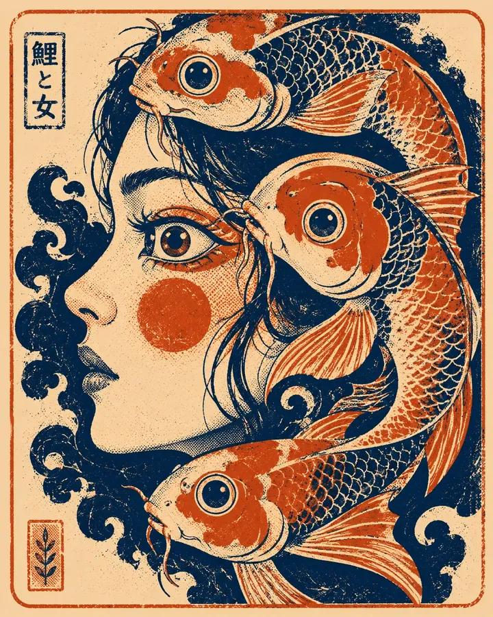 大胆的图形丝网印刷插画，[HUMAN] 侧脸与三只风格化的 [ANIMAL] 紧密交织，采用 [COLOR1]、[COLOR2] 和 [COL…, 图片 1