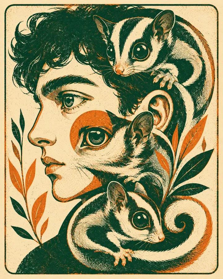 大胆的图形丝网印刷插画，[HUMAN] 侧脸与三只风格化的 [ANIMAL] 紧密交织，采用 [COLOR1]、[COLOR2] 和 [COL…, 图片 3