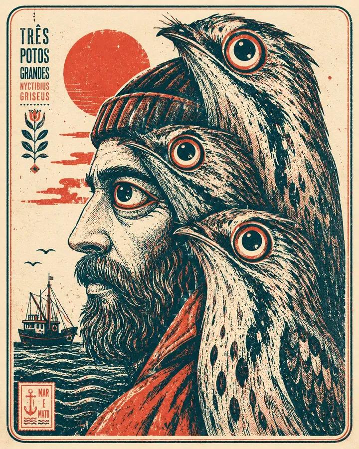 大胆的图形丝网印刷插画，[HUMAN] 侧脸与三只风格化的 [ANIMAL] 紧密交织，采用 [COLOR1]、[COLOR2] 和 [COL…, 图片 4