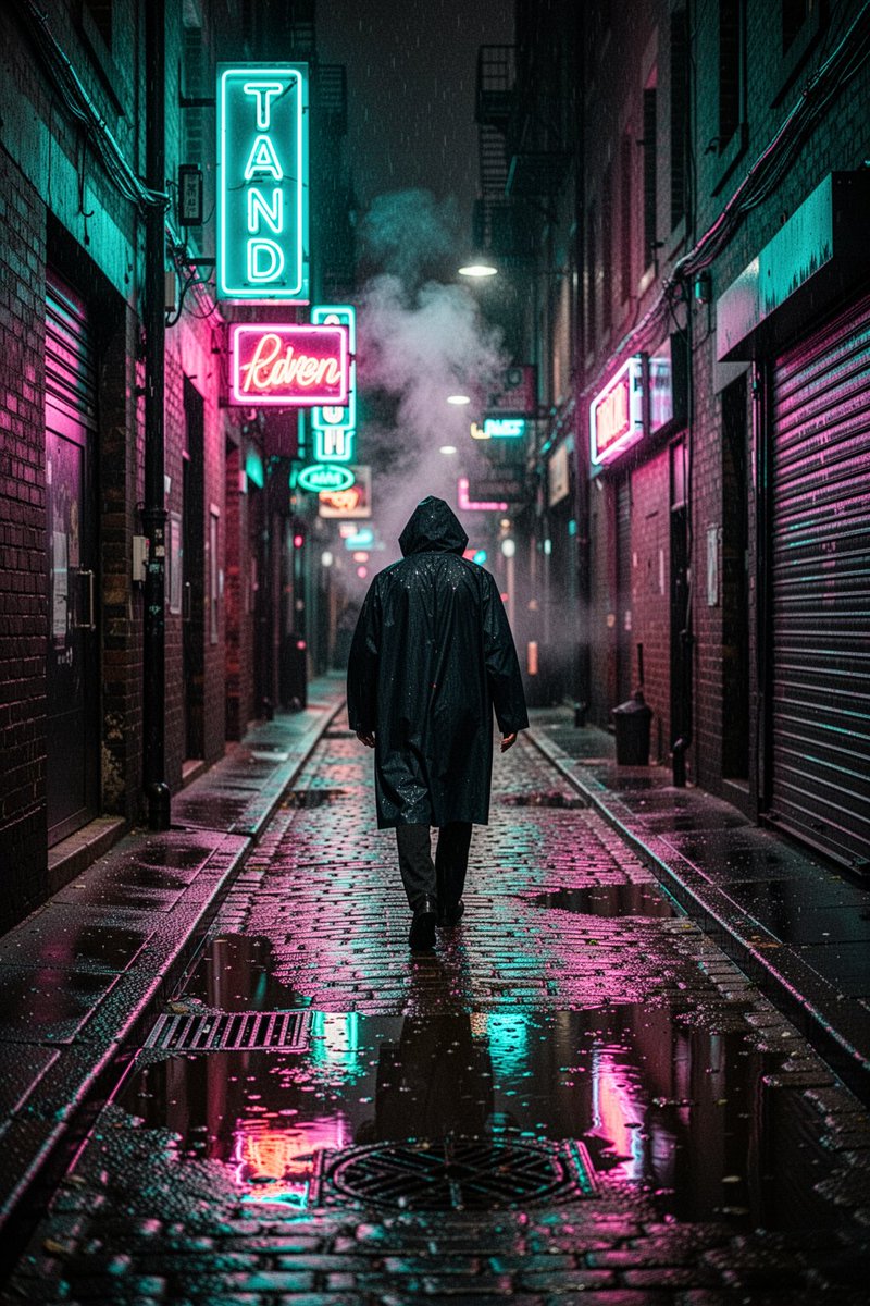 雨夜中狭窄潮湿的小巷,高对比度的霓虹招牌发出青蓝与品红的光,倒映在湿润的鹅卵石路面和浅浅的水洼中;一个身穿深色连帽雨衣的孤独身影背对镜头走去,…, 图片 1