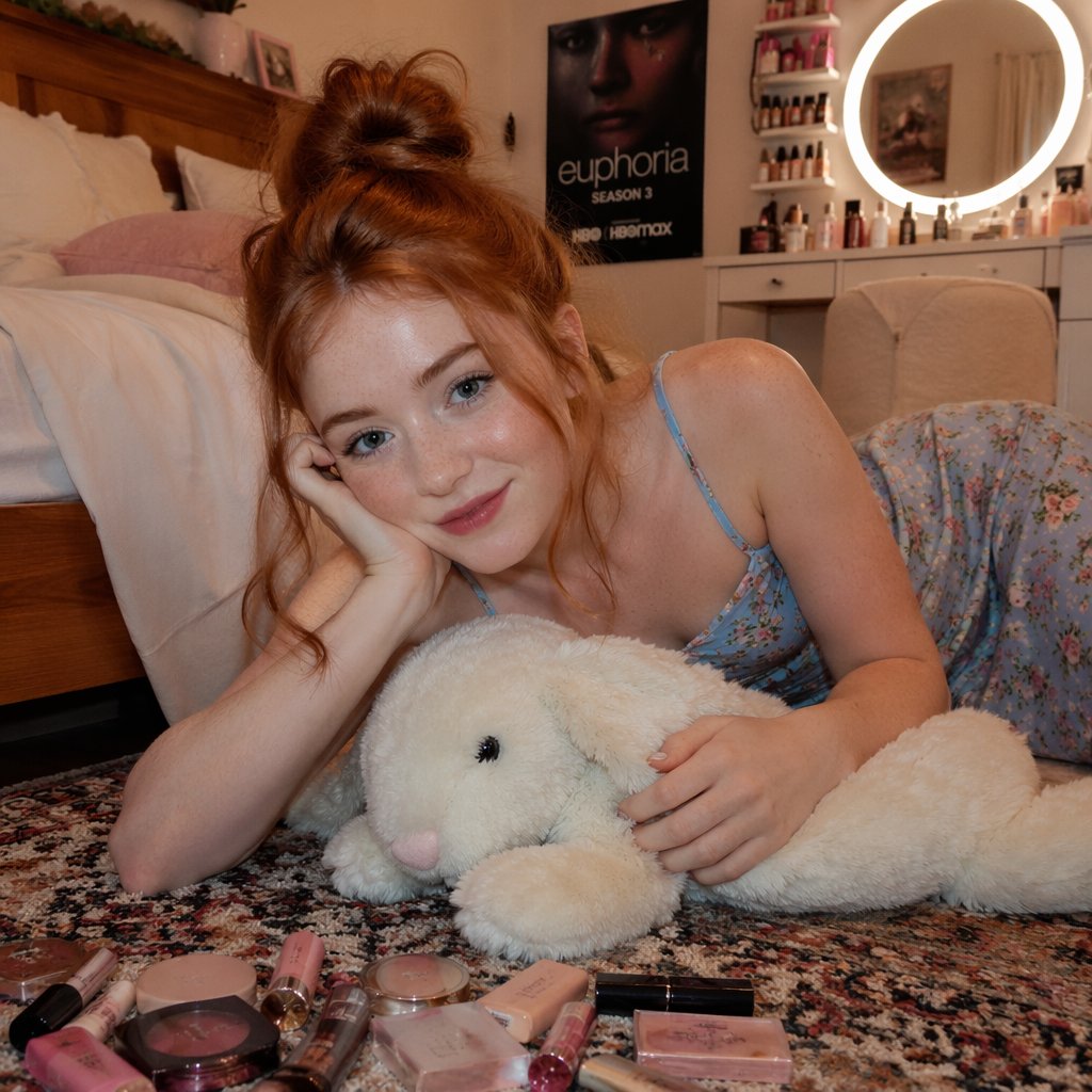 https://t.co/yof3q9vRym 写实风格肖像:Sadie Sink 侧身躺在一块带有图案的地毯上,场景设定在一间温馨的卧室中,…, 图片 3