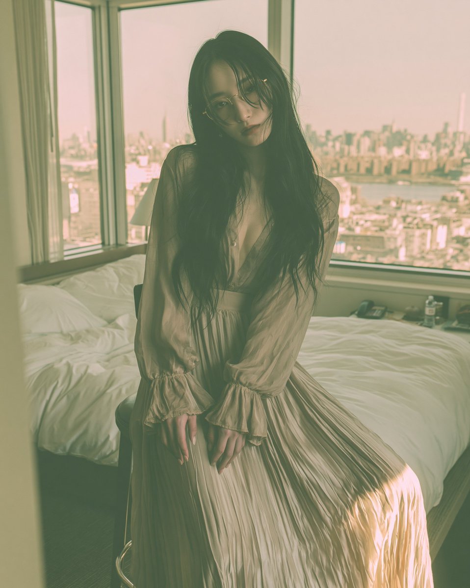 一位迷人的25岁左右的日本或韩国女性,佩戴金色金属细框眼镜,身穿长上衣搭配百褶超长半身裙,坐在吧台上,身体前倾,上半身向前倾斜,重心稳定,面向…, 图片 1