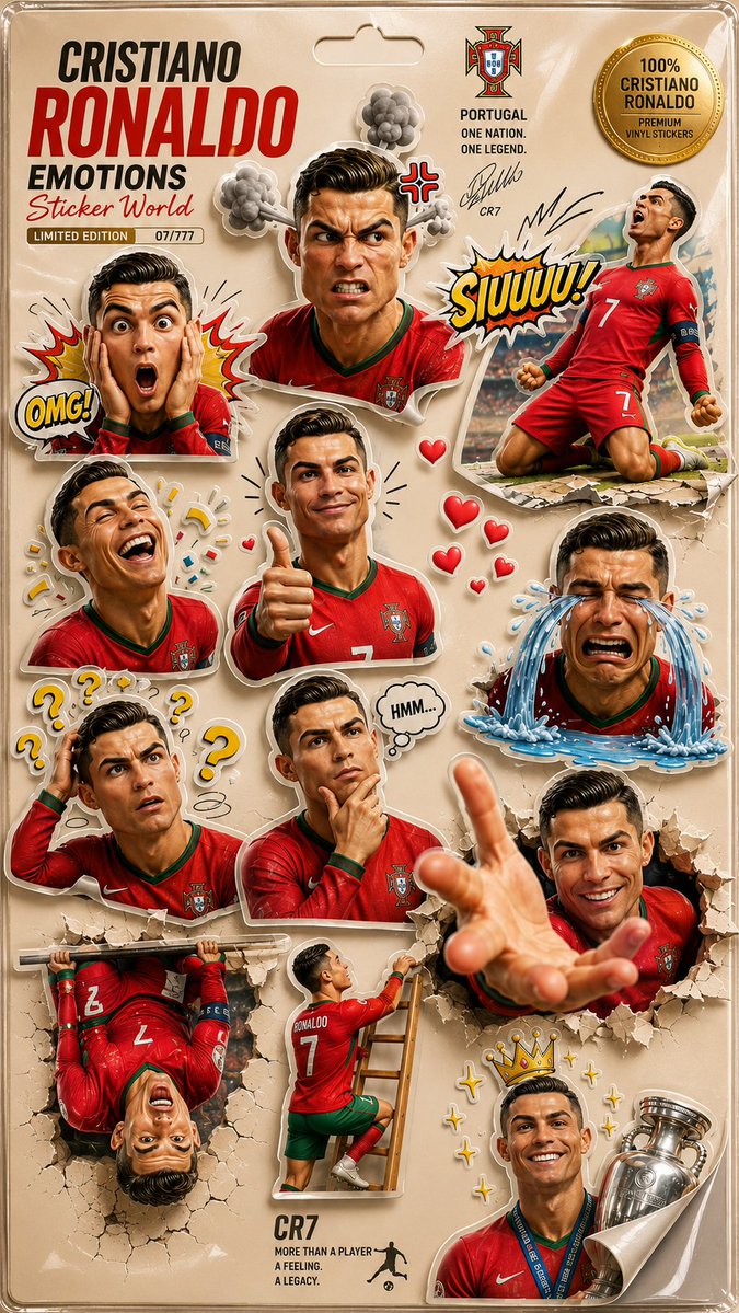 创作一款超高端、限量版的3D卡通贴纸收藏卡,以C罗(Cristiano Ronaldo)为主角。必须极其精准地保留他极具辨识度的面部特征——包…, 图片 1