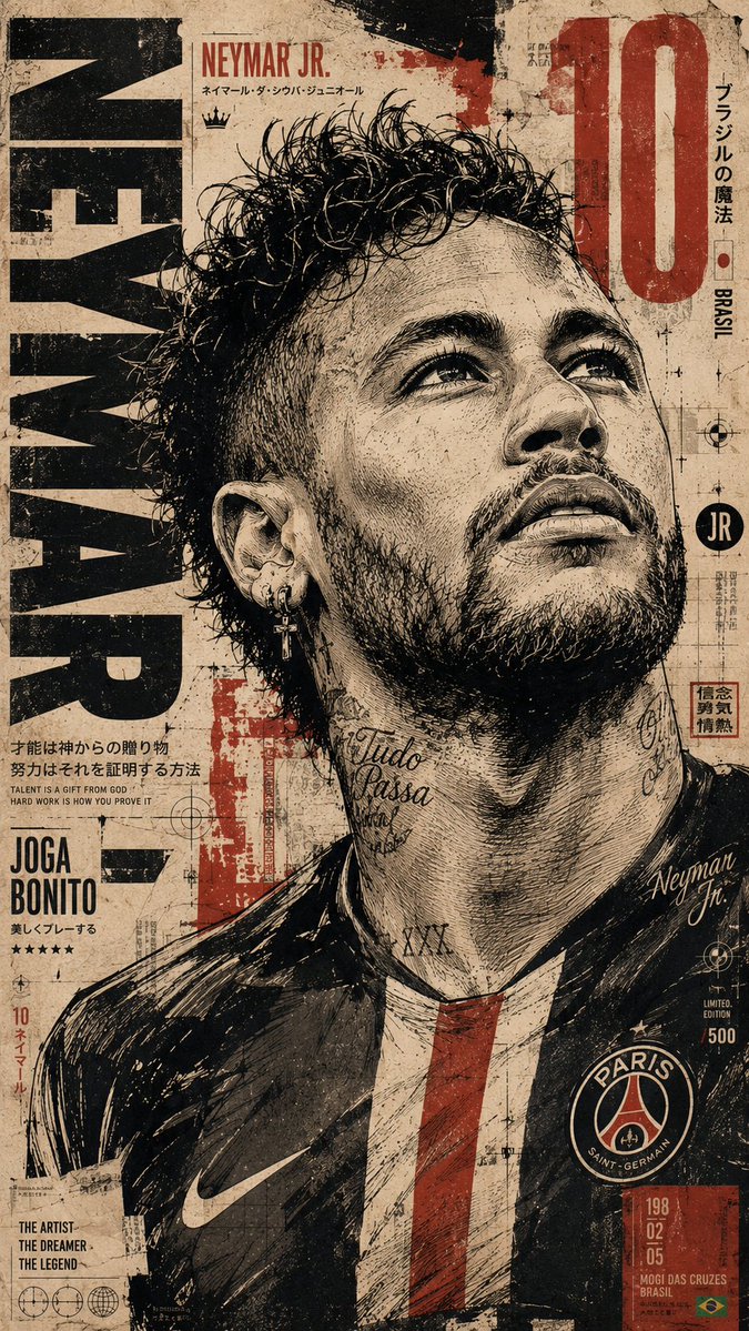 创作一幅高级竖版体育编辑海报，以内马尔（Neymar Jr.）为主角，采用精致的日式漫画灵感的混合媒介印刷风格。以 9:16 比例进行构图，采…, 图片 1