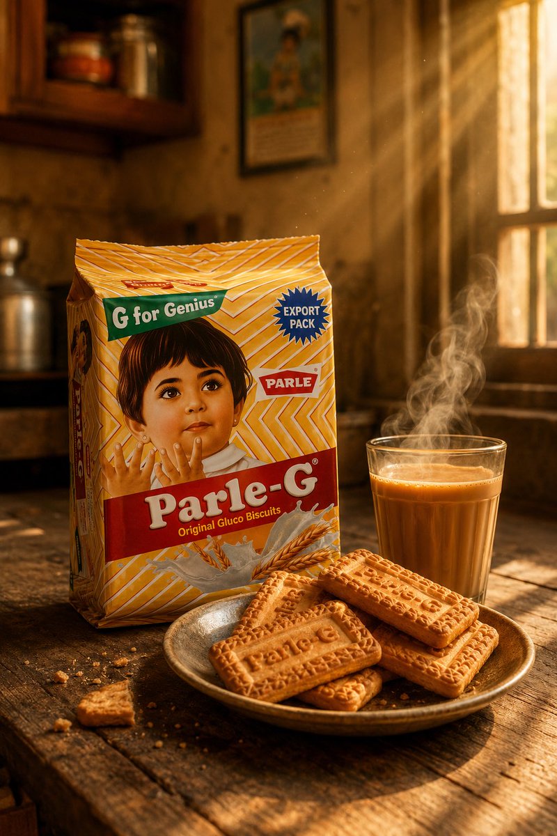 超写实高级商业摄影:经典黄白配色Parle-G饼干包装直立放置在质朴木桌上,旁侧放着一杯热气腾腾的印度奶茶,拍摄于金色日出时分。暖阳光透过老旧…, 图片 1