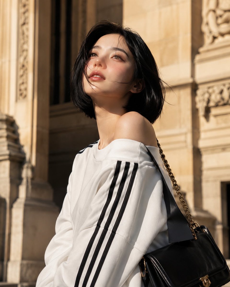 https://t.co/6iQMj3UM1g 一幅电影感的时尚人像肖像：一位年轻女性，留着利落的齐下巴黑色波波头，皮肤如瓷器般光滑，妆容为自…, 图片 1