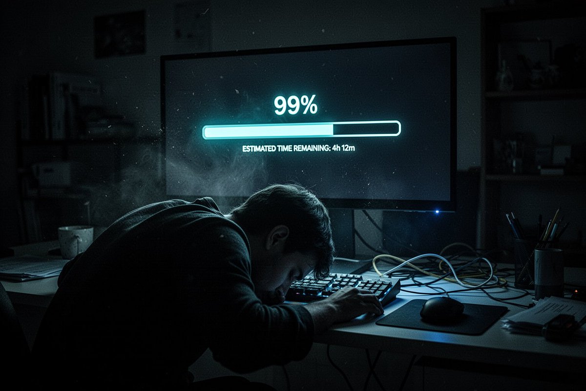 凌晨3点昏暗的家庭办公室,一个剪影般的身影脸朝下趴在键盘上睡着了,唯一的光源是一台显示器,屏幕上显示着一根卡在"99%"的渲染进度条,以及一行…, 图片 1