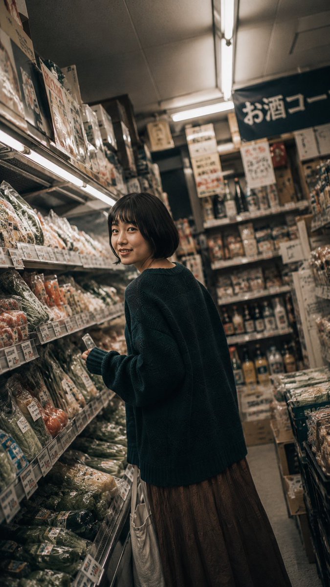一张电影感、怀旧风格的生活方式摄影作品,拍摄于日本雨后湿漉漉的住宅街道上。一位年轻日本女性留着黑色短款波波头,站在道路中央,温柔地微笑着回头望…, 图片 1