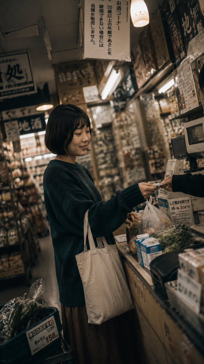 一张电影感、怀旧风格的生活方式摄影作品,拍摄于日本雨后湿漉漉的住宅街道上。一位年轻日本女性留着黑色短款波波头,站在道路中央,温柔地微笑着回头望…, 图片 2