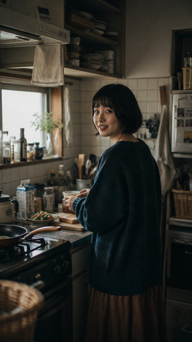 一张电影感、怀旧风格的生活方式摄影作品,拍摄于日本雨后湿漉漉的住宅街道上。一位年轻日本女性留着黑色短款波波头,站在道路中央,温柔地微笑着回头望…, 图片 4