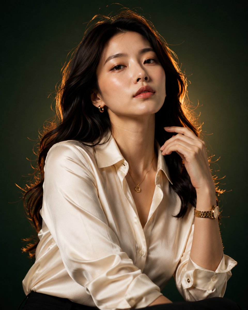 一幅超高端奢华时尚编辑肖像,描绘一位美丽的年轻东亚女性,留着长而自然的波浪黑发,妆容完美自然,自信地走向镜头,带着平静而强大的CEO般气场。她…, 图片 3