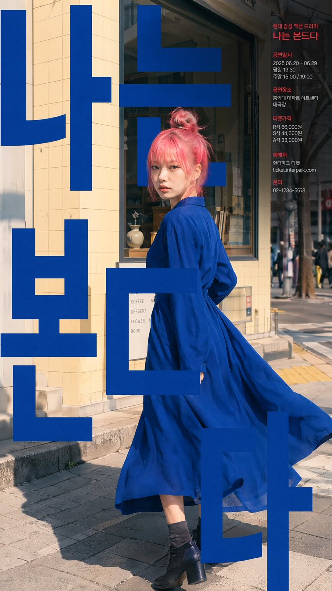 一张现代风格的韩国剧场海报设计,参考图中人物。场景采用街拍风格,背景设定为首尔街边人行道,搭配暖米黄色瓷砖墙面和店铺橱窗。, 图片 2