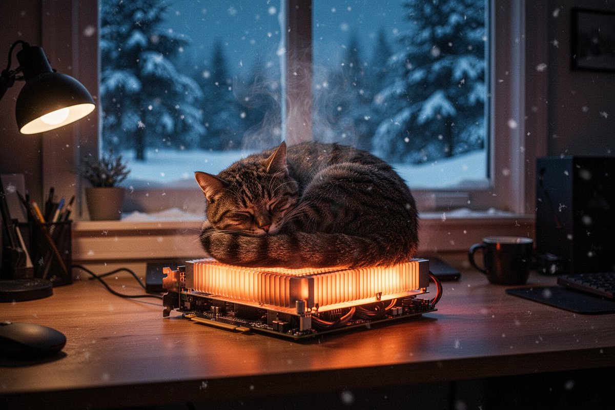 冬夜舒适的居家办公室,窗外飘落着雪花;一只猫蜷缩着睡在桌上一块敞开着的、散发着温暖光芒的显卡上,像一台小小的散热器,橙色的热辉光和热气从散热鳍…, 图片 1