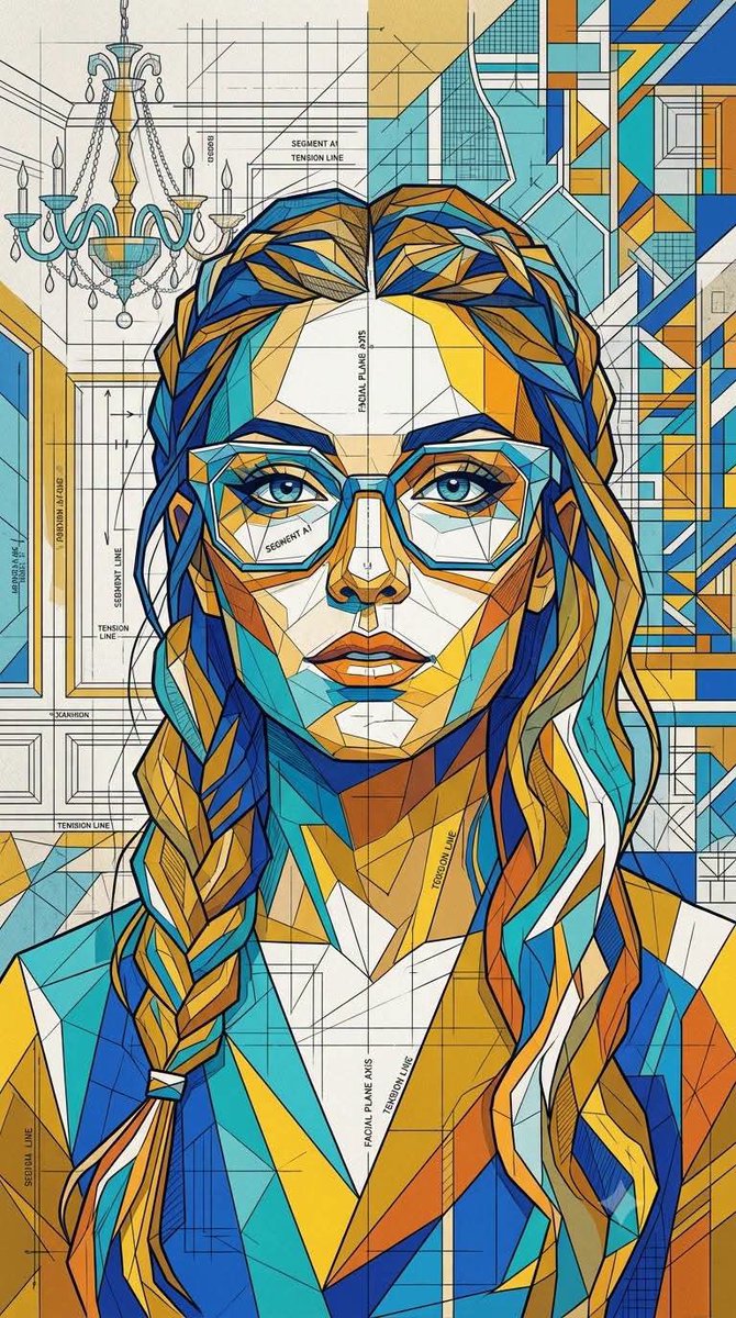 一幅极致精细的几何马赛克肖像插画，融合立体主义抽象、建筑蓝图美学和当代编辑设计流行艺术风格。由成千上万块相互锁合的棱角分明多边形碎片构成，无彩…, 图片 2